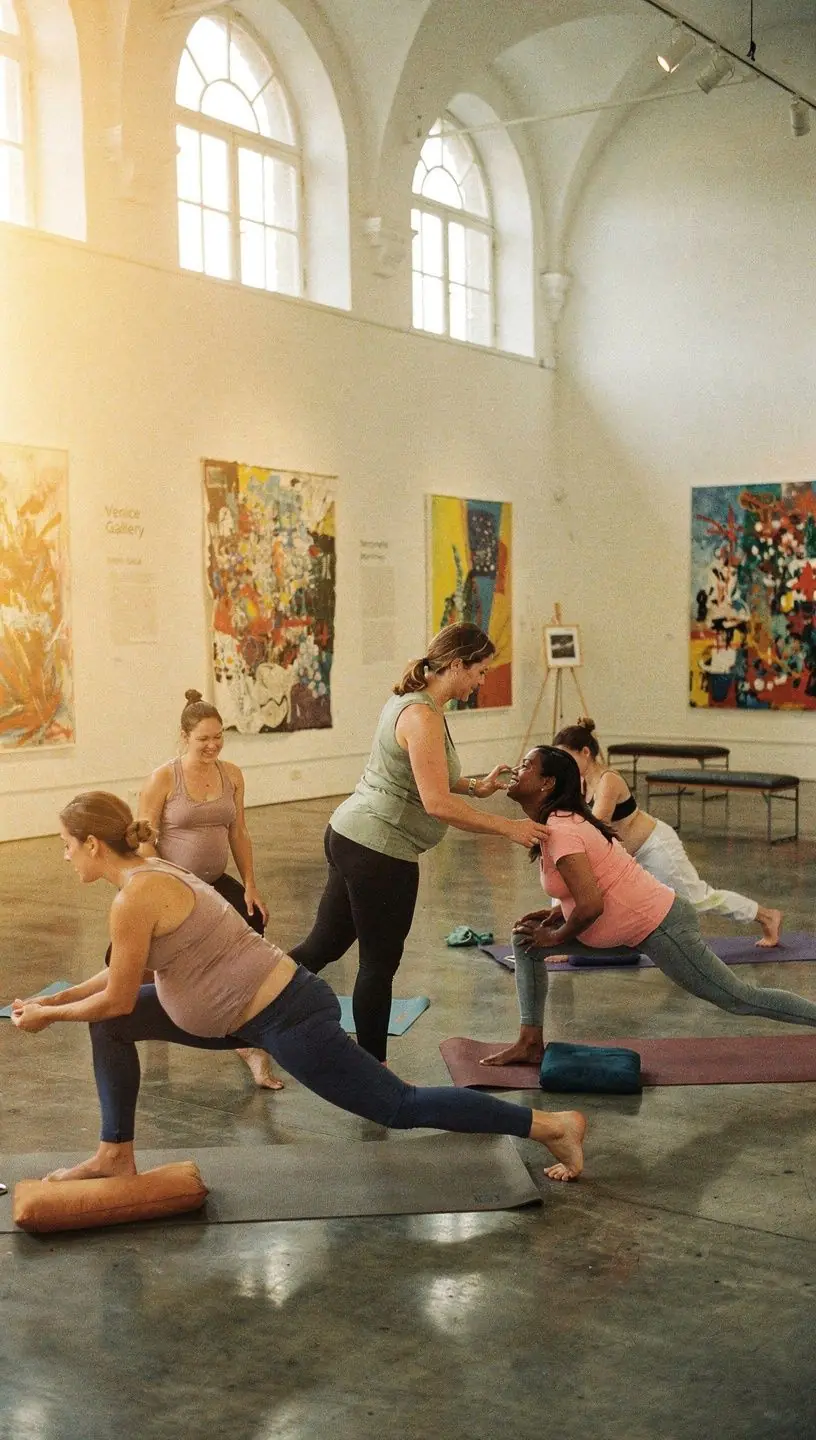 Un gruppo di donne incinte impegnate in esercizi di yoga dolce.