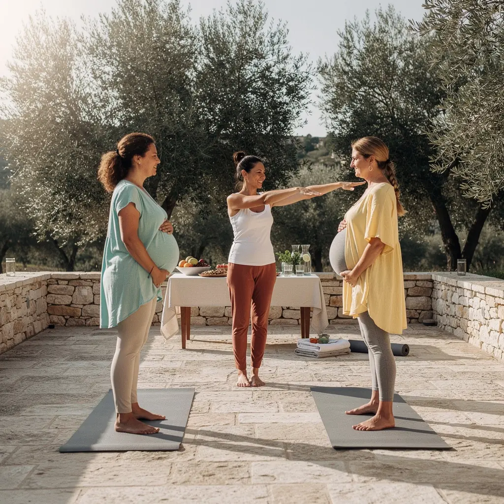 Un gruppo di future mamme si esercita insieme durante una lezione di yoga prenatale.