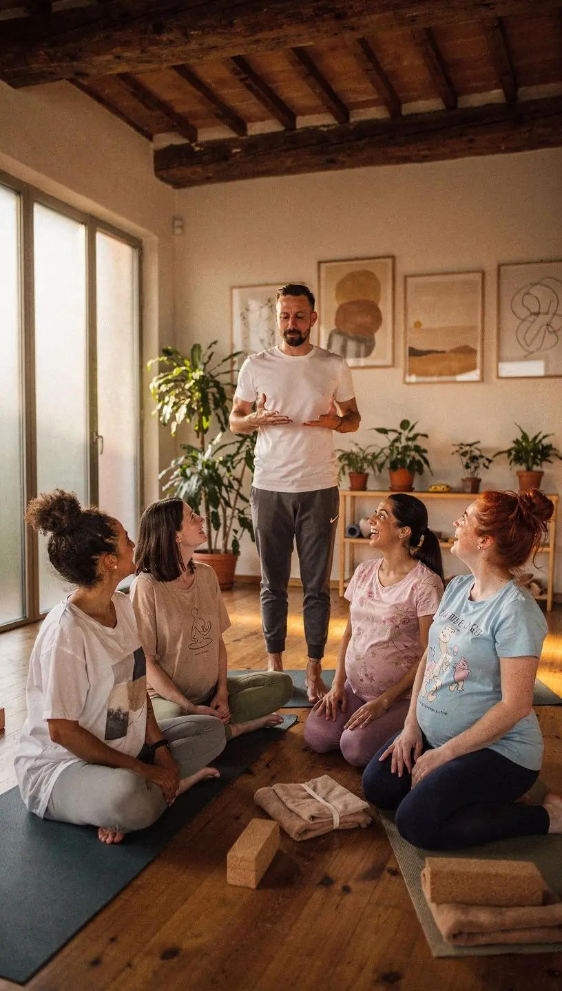 Dettaglio delle mani di una donna incinta mentre esegue una posizione di rilassamento.