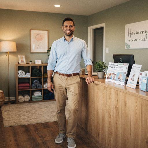 Una donna in gravidanza esegue una posizione di yoga con un sorriso, circondata da cuscini.
